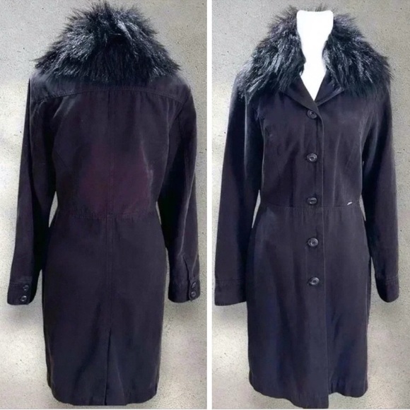 Vintage GUESS Faux Fur Mid Length Trench Coat RARE Jacket in Black Sz. Small - Picture 1 of 16